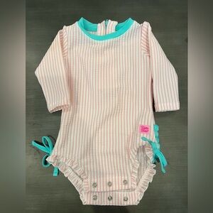 Ruffle Butts Pink and Teal Seersucker Infant Swimsuit sz 3-6 Months